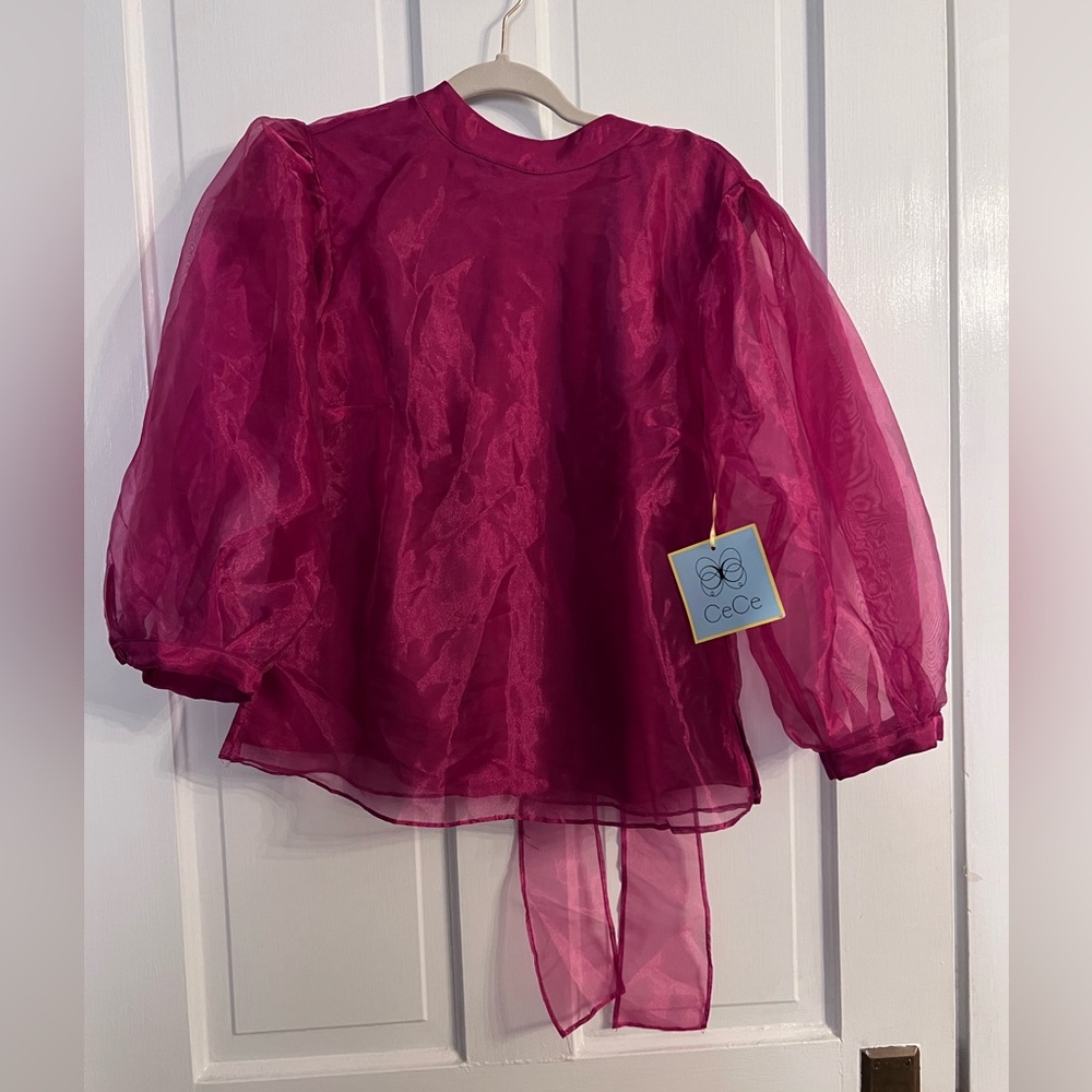 Cece Organza Puff Sleeve Magenta Statement Tie-Back Top